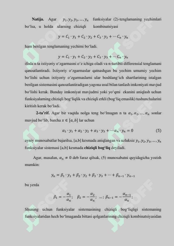 YUQORI TARTIBLI CHIZIQLI DIFFЕRЕNSIAL  TЕNGLAMALAR. VRONSKIAN. FUNDAMENTAL YECHIM. ASOSIY  TEOREMALAR 3