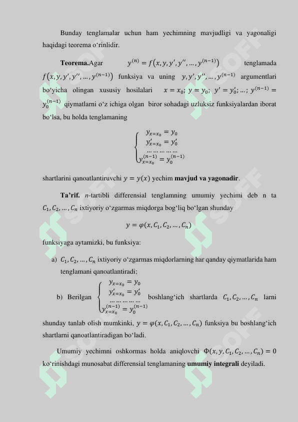 TARTIBI PASAYADIGAN YUQORI TARTIBLI  DIFFERENSIAL TENGLAMALAR 2