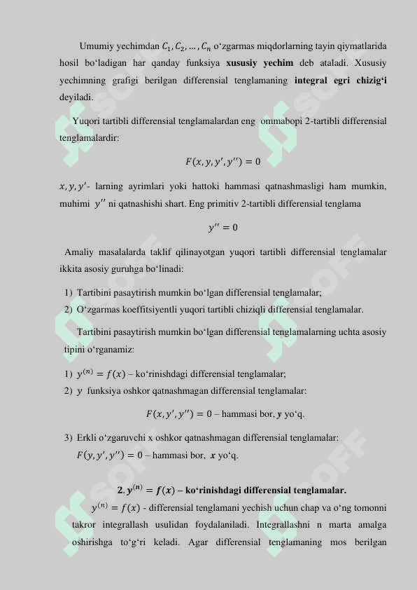 TARTIBI PASAYADIGAN YUQORI TARTIBLI  DIFFERENSIAL TENGLAMALAR 3