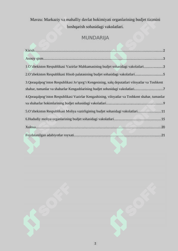 Markaziy va mahalliy davlat hokimiyati organlarining budjet tizimini boshqarish sohasidagi vakolatlari 2