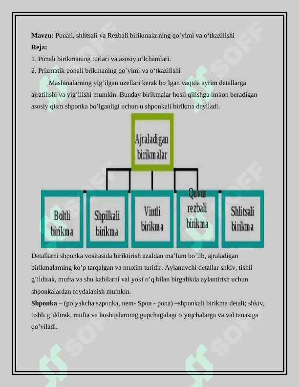 Ponali, shlitsali va Rezbali birikmalarning qo`yimi va o‘tkazilishi 2