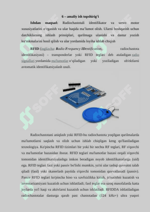 Radiochastotali identifikator va servo motor yordamida loyiha ishlab chiqish. 2