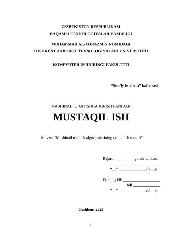 “Mashinali o‘qitish algoritmlarining qo‘llanish sohlari”