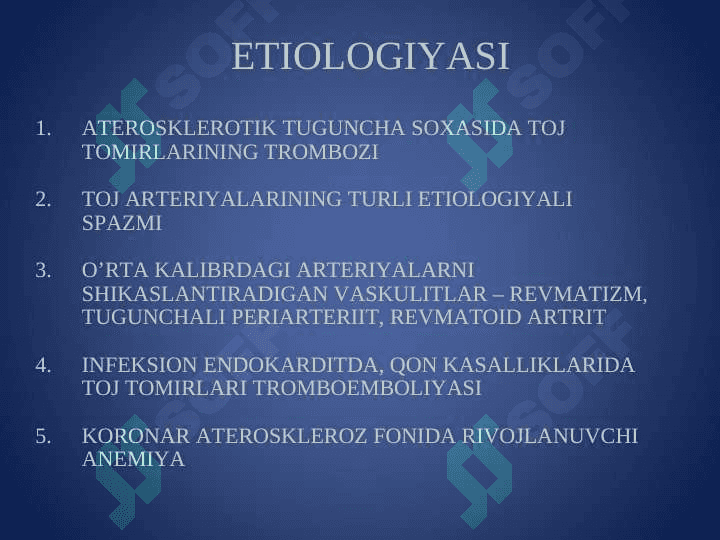 Miokardit va miokardiodistrofiyalarni etiologiyasi, patogenezi va davolash usullari. Miokardit va miokardiodistrofiyalarni davolashda qoMlaniladigan dori vositalarning farmakodinamikasi 3