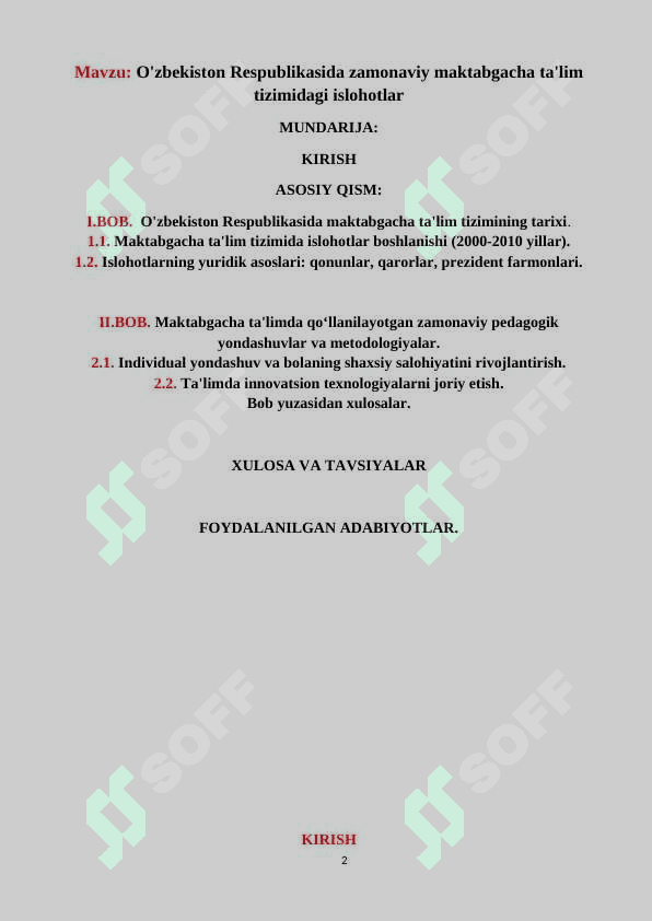 O'zbekiston Respublikasida zamonaviy maktabgacha ta'lim tizimidagi islohotlar (KURS ISHI) 2