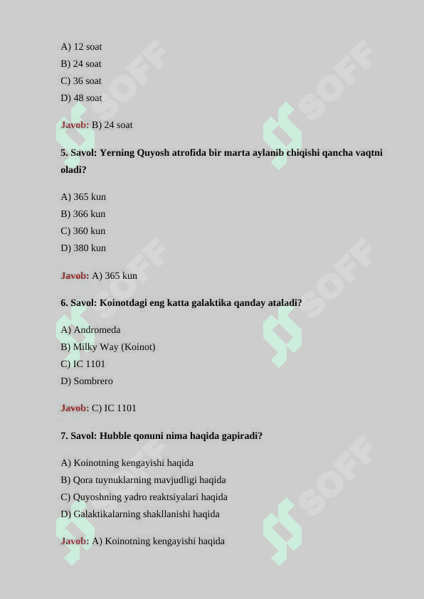 Astranomiya fanidan 30 ta test savollari javoblari bilan 2
