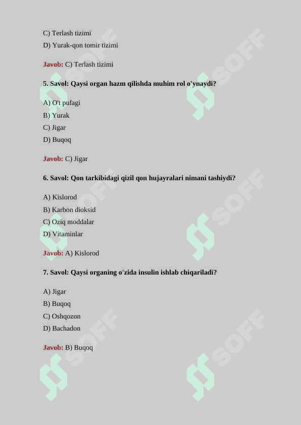 Anatomiya fanidan 30 ta test savollari javoblari bilan 2