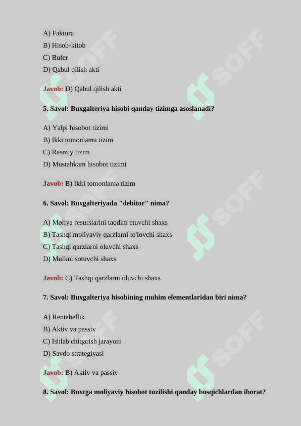 Buxgalteriya fanidan 30 ta test savollari javoblari bilan 2