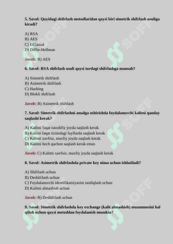 Simetrik va Asimetrik shifrlash bo'yicha 30 ta test savollari javoblari bilan 2