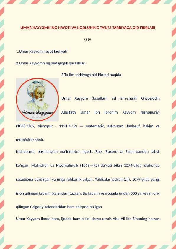 Umar Xayyomning hayoti va ijodi