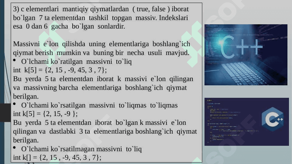 Bir o'lchovli massivlar. Statik massivlar. Elementlarni qidirish usuli. Elementlar ustida amallar. 5
