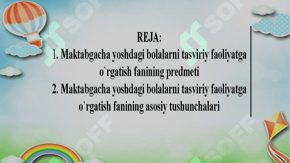 Tasviriy faoliyatga o`rgatishning maqsadi. Dastur tamoyillari. Tevarak – atrofni tasvirlash asosida bolalarning tasviriy faoliyati 2