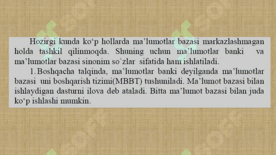Ma`lumotlar bazasini rejalashtirish, loyixalash va administratorlash 4