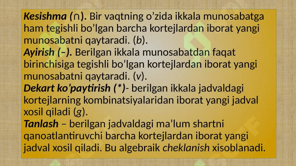 Relyatsion algebra va relyatsion hisoblash elementlari 4