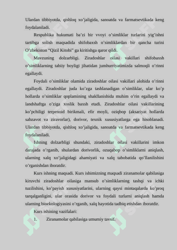 Ziranamolar qabilasi (araliyadoshlar, ziradoshlar) oilalarining umumiy tasnifi. 3