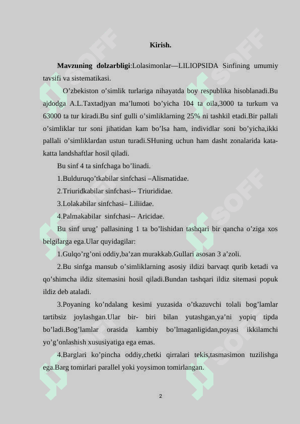 Lolanamolar qabilasi (savrinjondoshlar, gulsafsardoshlar, loladoshlar oilalari) 2