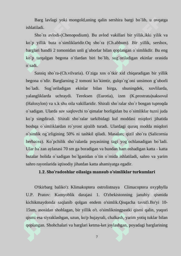 Sho'radoshlar (chenopodiaceae) oilasi, vakillari, tarqalishi, tuzilishi, ko’payishi, ahamiyati 7