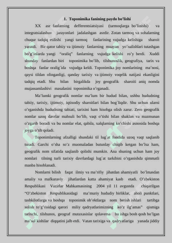 Toponimlarning geografik jihatdan o’rganilishi 2
