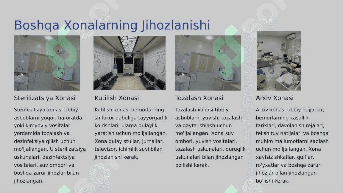 Stomatologik  bo‘lim, xona  (terapevtik, jarroh,  parodontologik,  fizioterapevtik va  boshqalar), uni  jihozlanishi.  Hamshira va kichik  hamshira  majburiyatlari.  Hujjatlar. 6