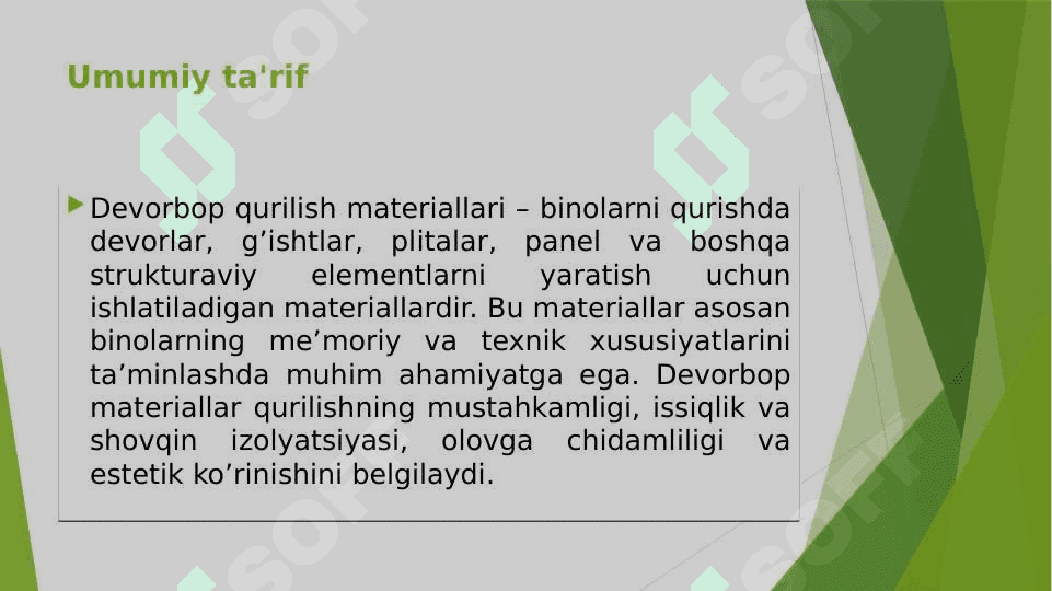 Devorbop qurilish materiallari texnologiyasi FANIDAN taqdimot 3