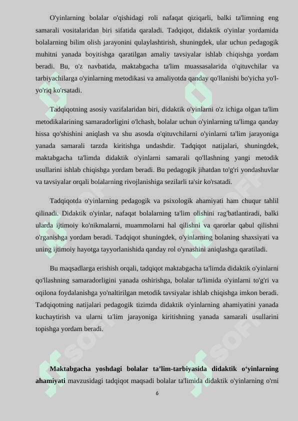 MAKTABGACHA YOSHDAGI BOLALAR TA’LIM-TARBIYASIDA DIDAKTIK O‘YINLARNING AHAMIYATI (kurs ishi) 6