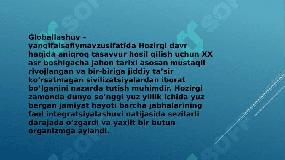 Globallashuv va barqaror taraqqiyot tushunchalari: o'zaro aloqasi va farqi. 2