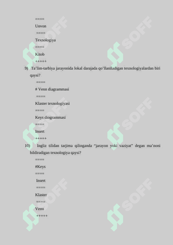 Biologiya o'qitish metodikasidan yakuniy test savollari javobi bilan. 302 test 4