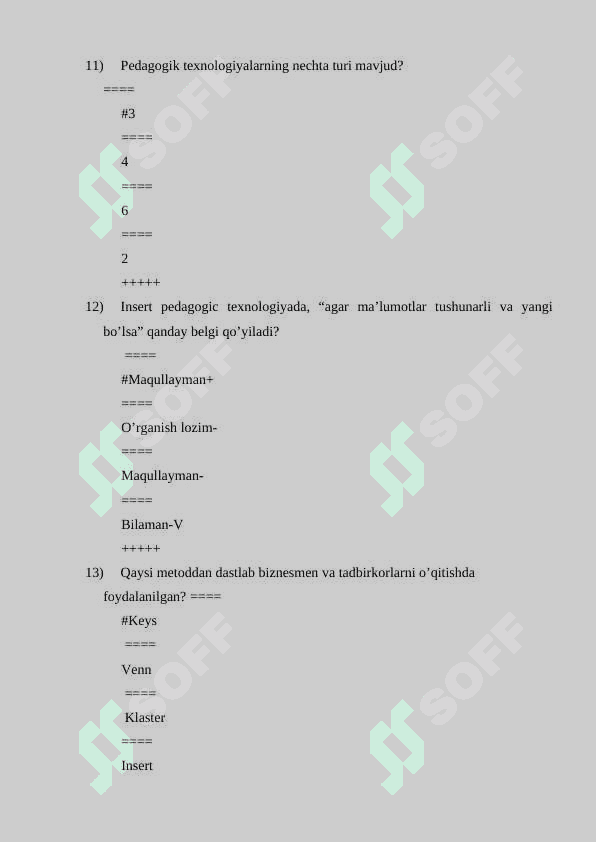 Biologiya o'qitish metodikasidan yakuniy test savollari javobi bilan. 302 test 5