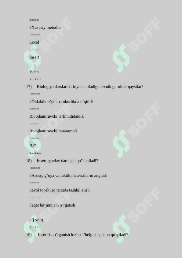 Biologiya o'qitish metodikasidan yakuniy test savollari javobi bilan. 302 test 7