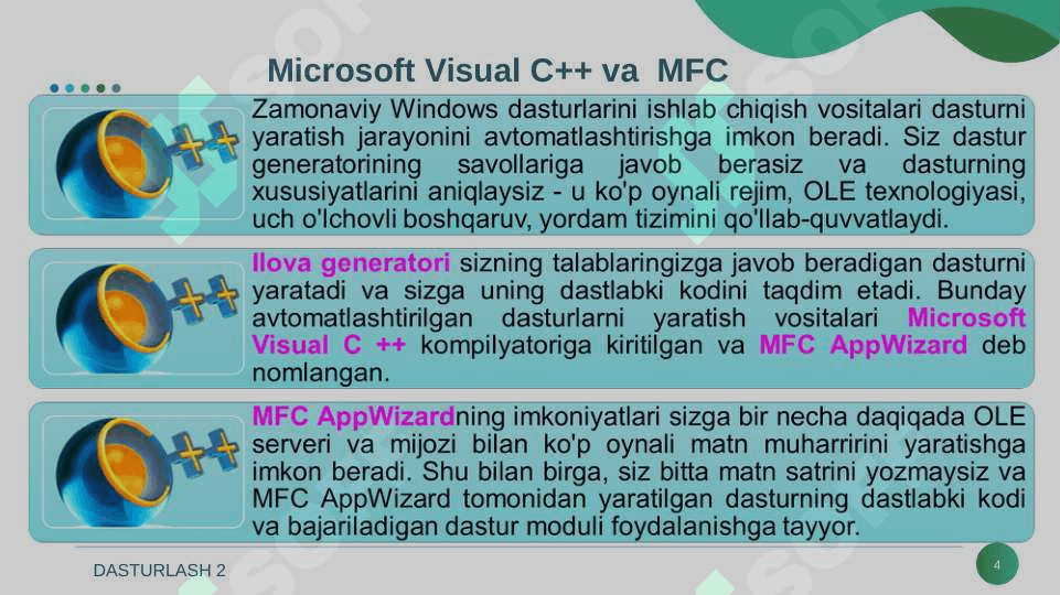 KICHIK LOYIHALAR YARATISH. VISUAL C++ MUHITIDA TURLI SOHAGA OID MISOLLAR YECHISH UCHUN MINI LOYHALASH. 4