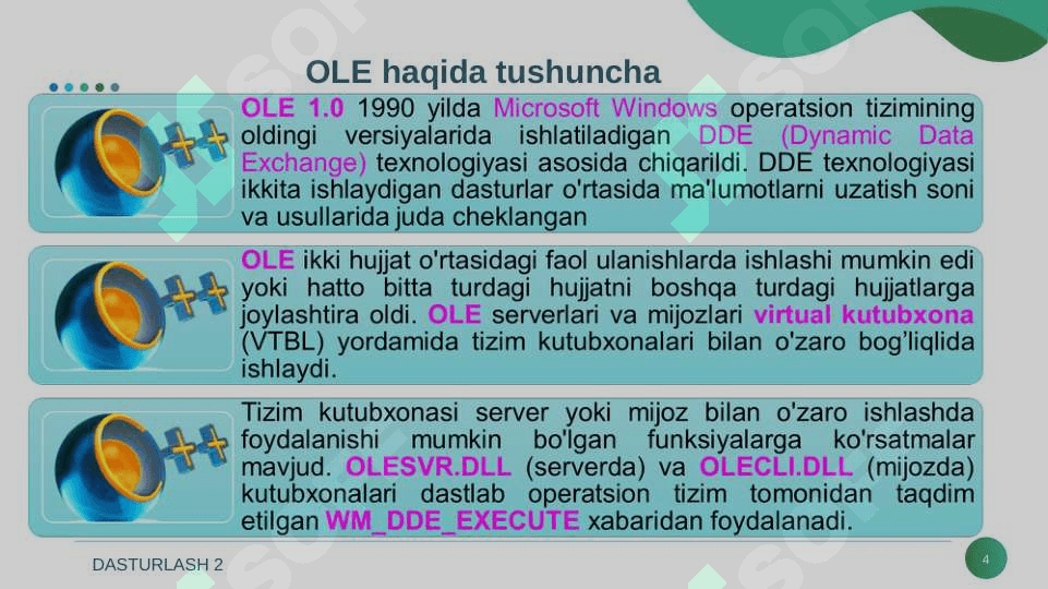 OLE, MFC texnalogiyalari. Ko'p oynali muhitlar bilan ishlash. Visual C++ tilida ko'p oynali muhitlar yaratish. 4
