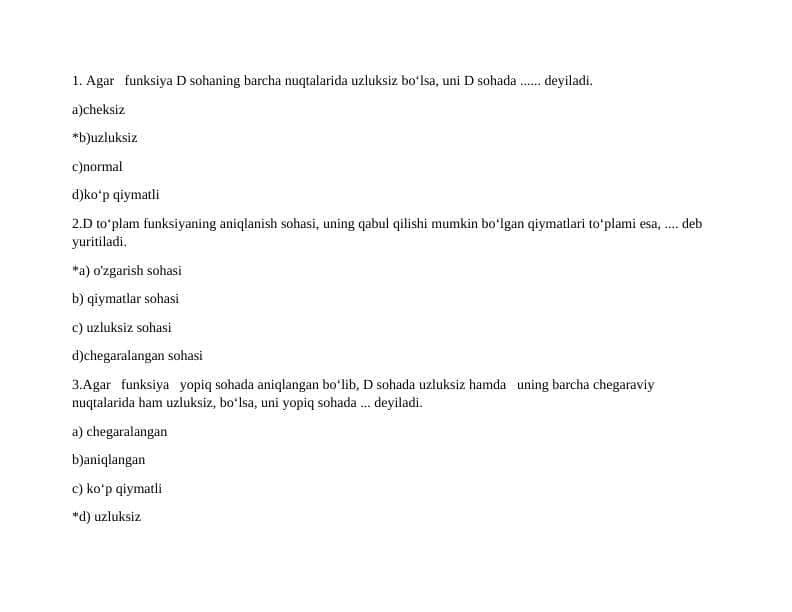 Matematik analizdan yakuniy nazorat test