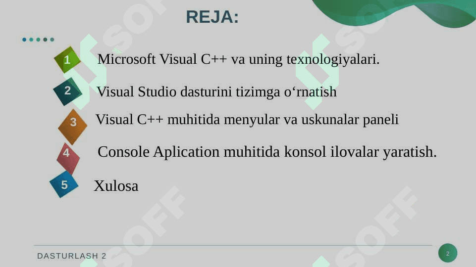 VISUAL C++ MUHITIDA DASTURLASH. VISUAL C++ MUHITIDA MENYULAR VA USKUNALAR PANELI. 2