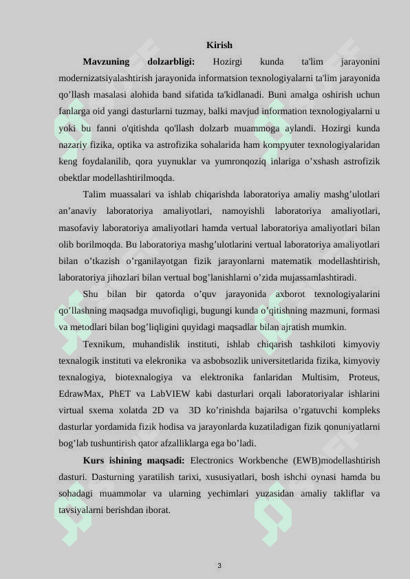 Electronics Workbenche (EWB)modellashtirish dasturi. Dasturning yaratilish tarixi,xususiyatlari,bosh ishchi oynasi 3