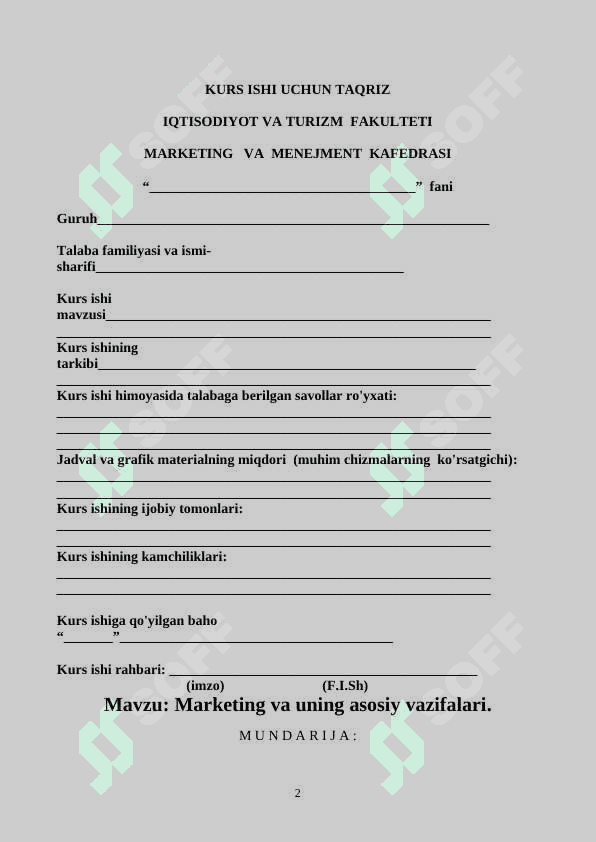 Marketing va uning asosiy vazifalari Kurs ishi 2