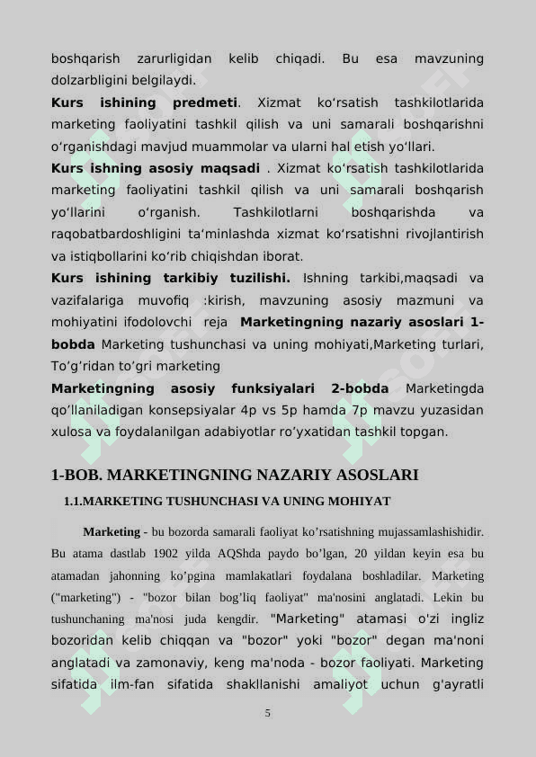 Marketing va uning asosiy vazifalari Kurs ishi 5
