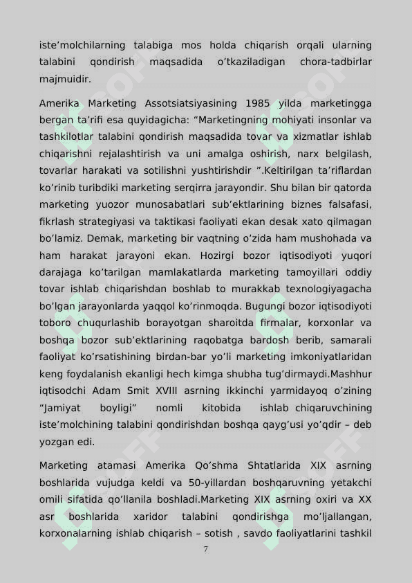 Marketing va uning asosiy vazifalari Kurs ishi 7