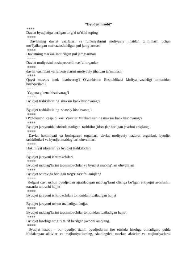 Byudjet hisobi 500 ta test javobi bilan