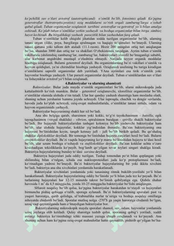 . BAKTERIYALARNING TUZILISHI, TIPLARI VA QISHLOQ XO`JALIGIDAGI AHAMIYATI. SUVO‘TLAR, ULARNING KLASSIFIKATSIYASI VA QISHLOQ XO`JALIGIDAGI AHAMIYATI 3