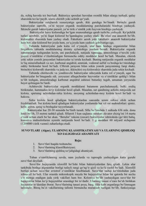 . BAKTERIYALARNING TUZILISHI, TIPLARI VA QISHLOQ XO`JALIGIDAGI AHAMIYATI. SUVO‘TLAR, ULARNING KLASSIFIKATSIYASI VA QISHLOQ XO`JALIGIDAGI AHAMIYATI 4