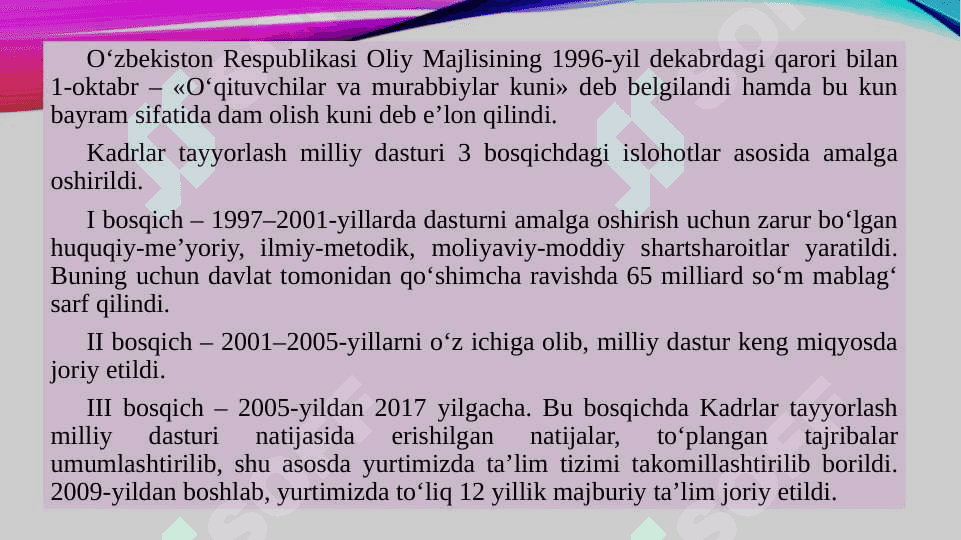 O’ZBEKISTON RESPUBLIKASIDA TA’LIM SOHASIDA AMALGA OSHIRILGAN ISLOHOTLAR 8