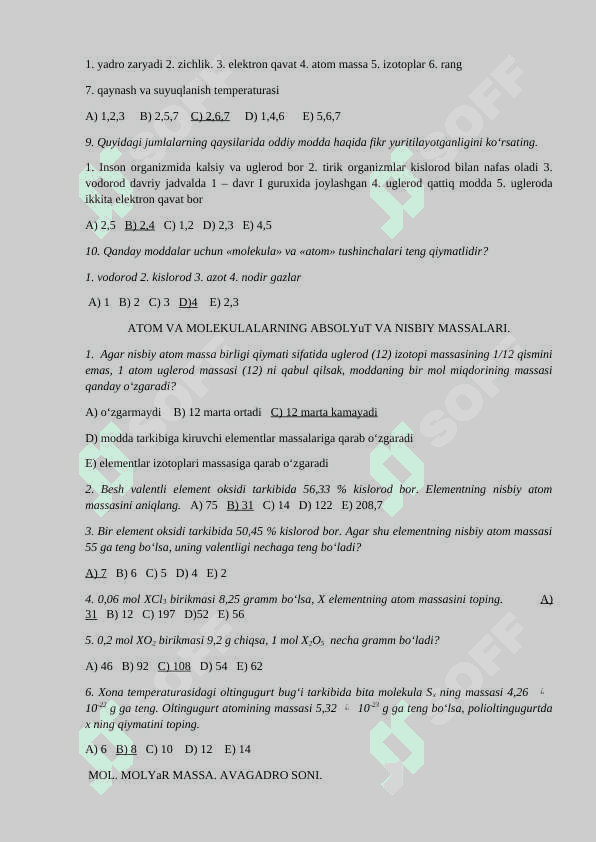 Mavzulashtirilgan testlar kimyo fanidan javoblari bilan 2