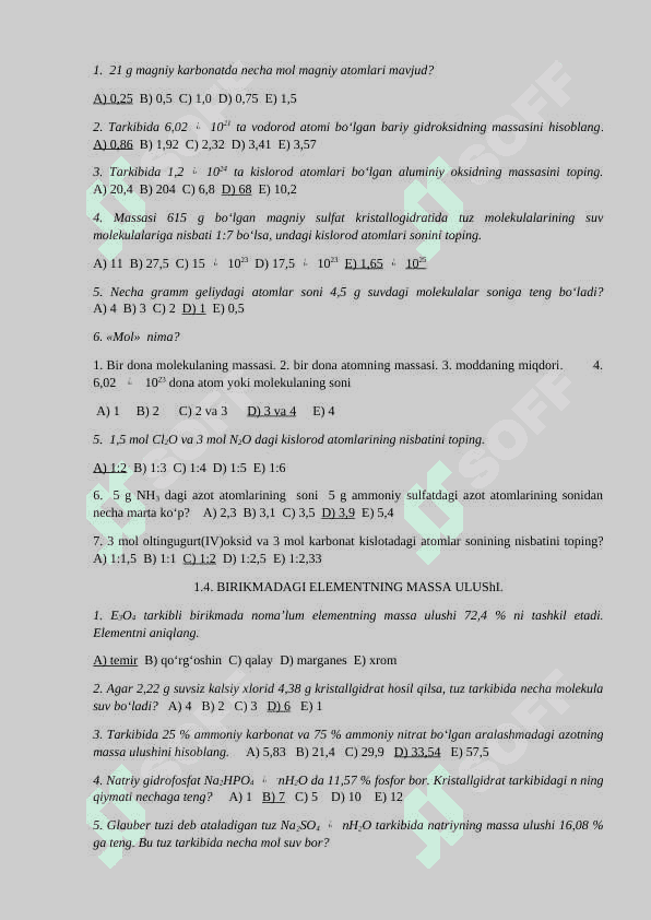 Mavzulashtirilgan testlar kimyo fanidan javoblari bilan 3
