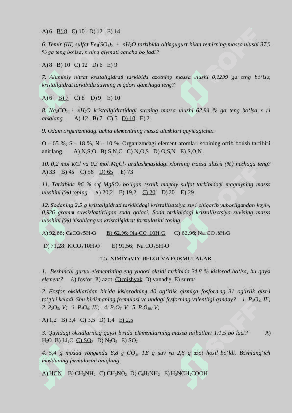 Mavzulashtirilgan testlar kimyo fanidan javoblari bilan 4