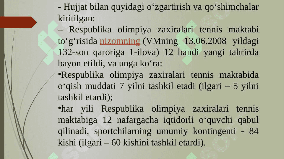 O’zbekiston Respublikasi hukumatining jismoniy madaniyat va sport bo’yich qabul qilgan hujjatlarining ahamiyati 4