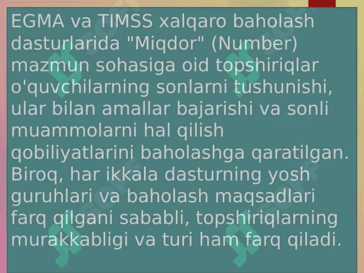 EGMA va TIMSS xalqaro baholash dasturida "Miqdor" mazmun sohasiga oid topshiriqlar 2