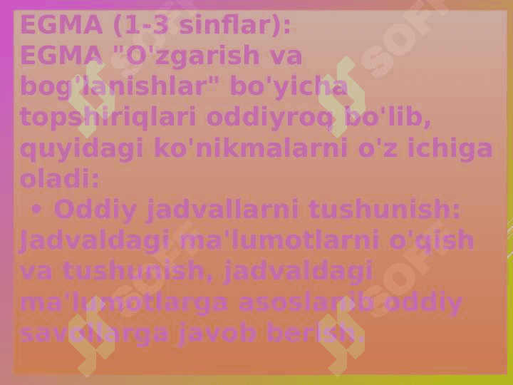 EGMA va TIMSS xalqaro baholash dasturida "O‘zgarish va bog‘lanishlar" mazmln sohasiga oid topshiriqlar 3