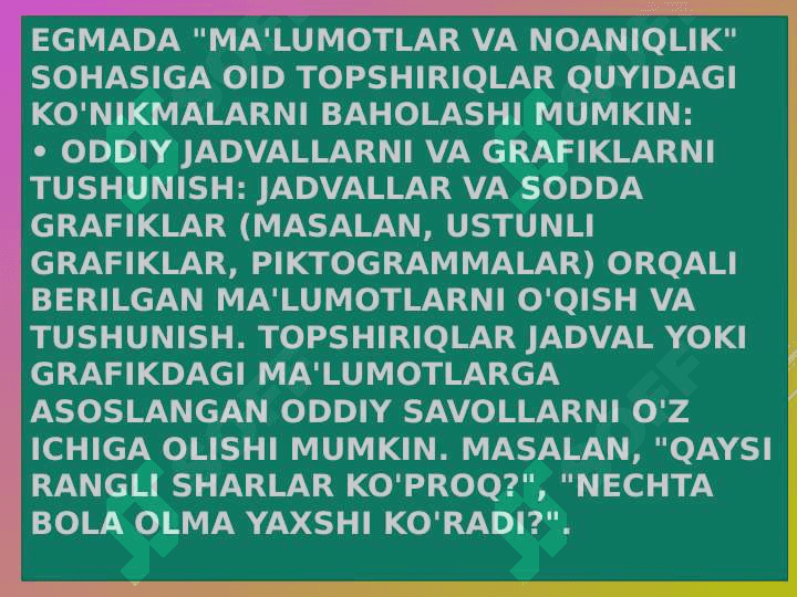 EGMA xalqaro baholash dasturida "Ma'lumotlar va noaniqlilik" mazmun sohasiga oid topshiriqlar 3