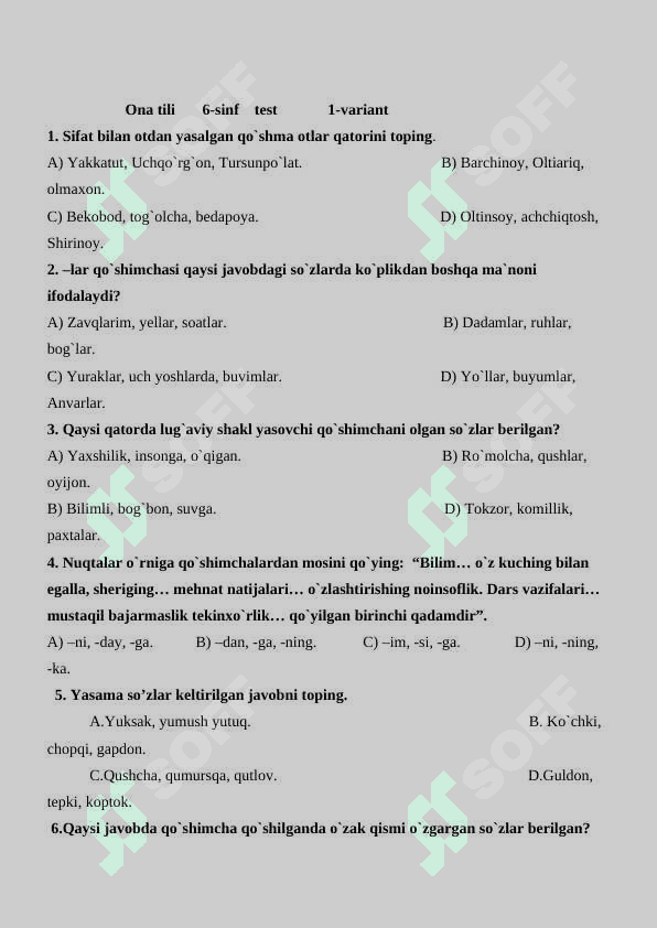 6-SINF ONA-TILI TEST TO'PLAMI 2