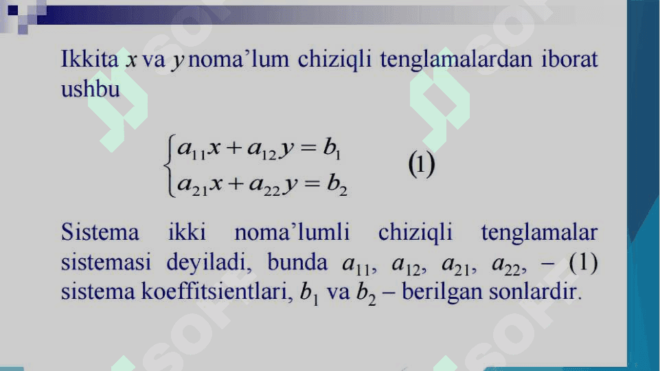 CHIZIQLI ALGEBRAIK TENGLAMALAR SISTEMASI. CHIZIQLI ALGEBRAIK TENGLAMALAR SISTEMASINI YECHISHNING GAUSS VA GAUSS-JORDAN USULLARI 3